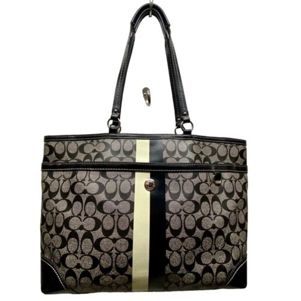 Coach Chelsea Heritage Tote F14475 Large Black Signature Stripe Baby Bag Purse‎
